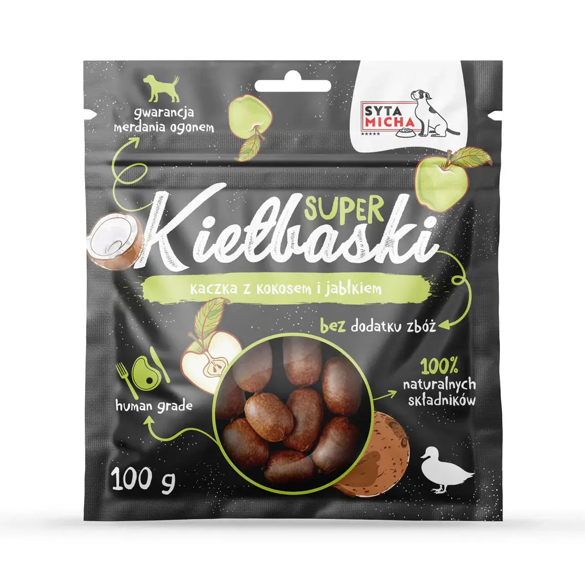 Super kiełbaski dla psa z kaczką, kokosem i jabłkiem 100g Syta Micha