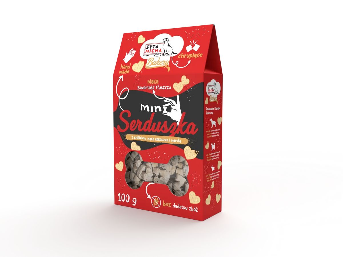 Ciasta dla psa Mini serduszka z królikiem, mąką kokosową i morelą 100g Syta Micha