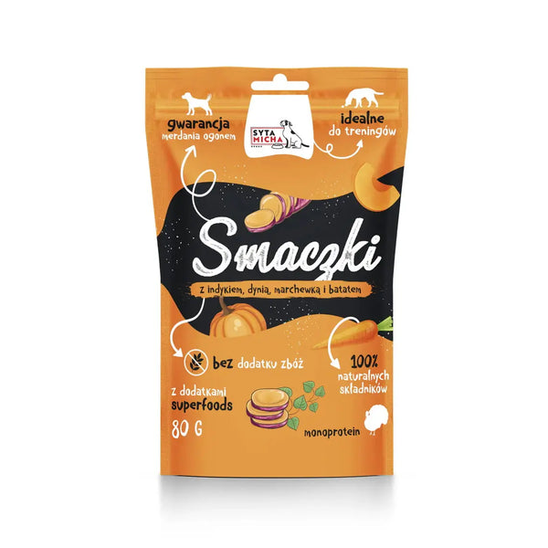 Smaczki z indykiem, dynią, marchewką i batatami 80g Syta Micha
