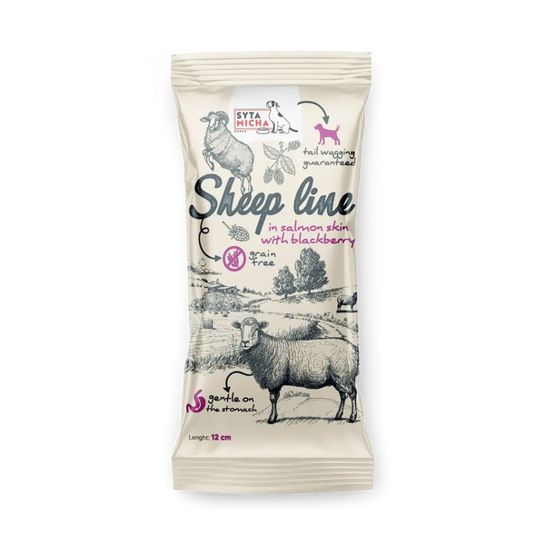 Syta Micha Sheep Line Kość do żucia Owca w skórze łososia z jeżyną 12cm Syta Micha
