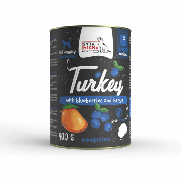 Karma mokra dla psa Indyk z jagodami i mango 400g Syta Micha