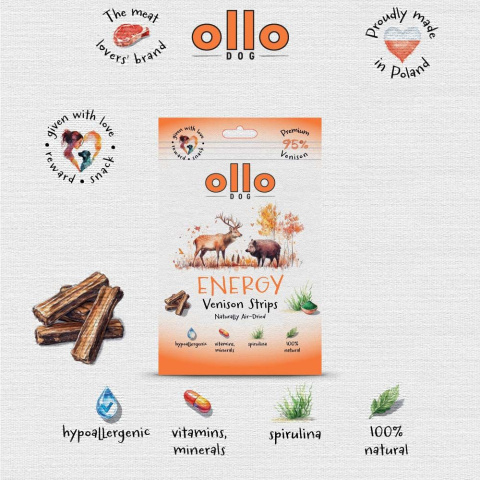 Ollo Air Dried Energy Venison Strips Przysmaki funkcyjne dla psa 80g Ollo Air Dried Energy Venison Strips Przysmaki funkcyjne dla psa 80g