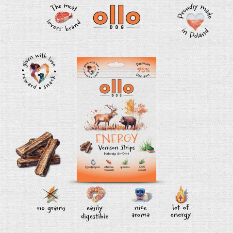 Ollo Air Dried Energy Venison Strips Przysmaki funkcyjne dla psa 80g Ollo Air Dried Energy Venison Strips Przysmaki funkcyjne dla psa 80g