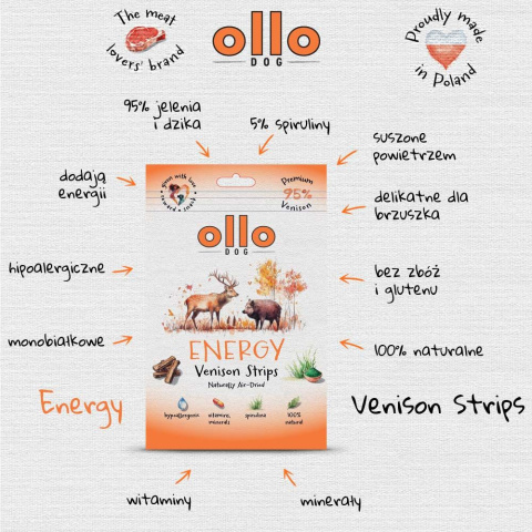 Ollo Air Dried Energy Venison Strips Przysmaki funkcyjne dla psa 80g Ollo Air Dried Energy Venison Strips Przysmaki funkcyjne dla psa 80g