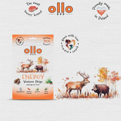 Ollo Air Dried Energy Venison Strips Przysmaki funkcyjne dla psa 80g Ollo Air Dried Energy Venison Strips Przysmaki funkcyjne dla psa 80g