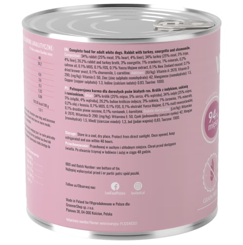Lovi Food White Dogs Karma dla psa królik z indykiem i cukinią 800g Lovi Food White Dogs Karma dla psa królik z indykiem i cukinią 800g