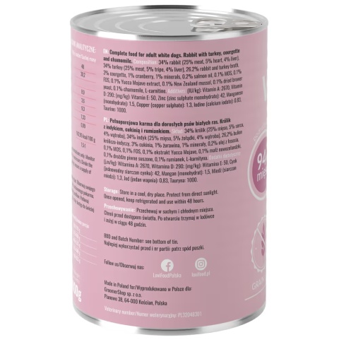 Lovi Food White Dogs Karma dla psa królik z indykiem i cukinią 400g Lovi Food White Dogs Karma dla psa królik z indykiem i cukinią 400g